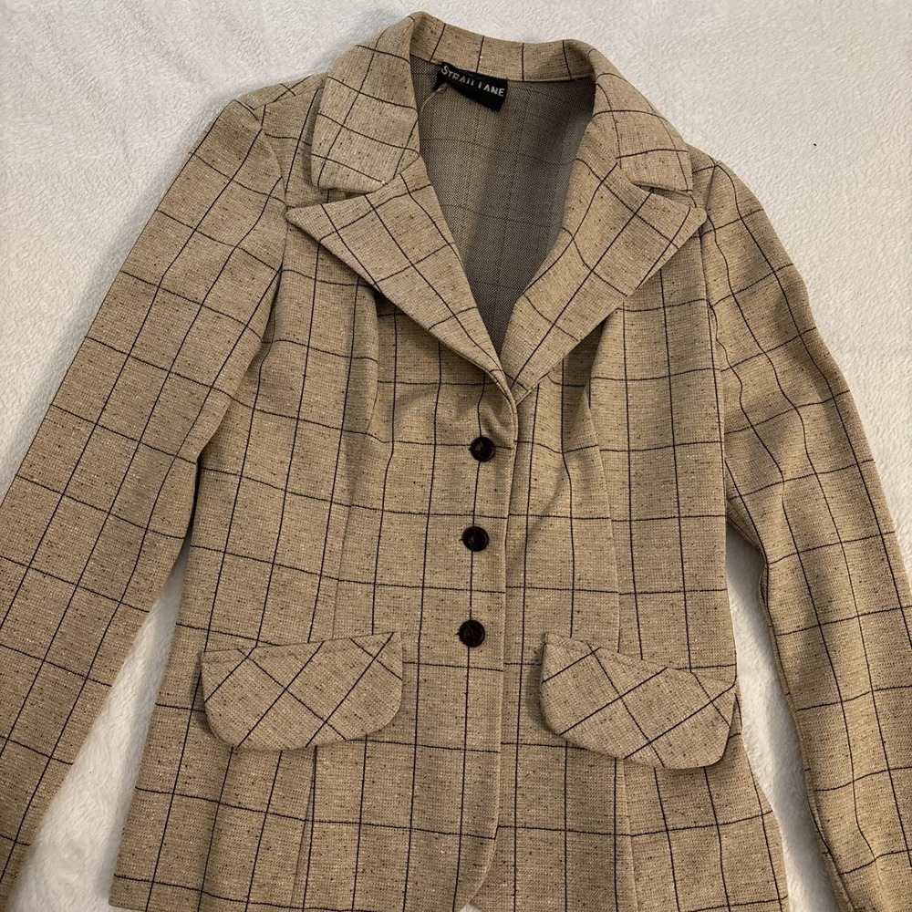 Vtg 70s Strait Lane Jumpsuit Blazer Wide Leg Plaid Pantsuit Dark Academia XS